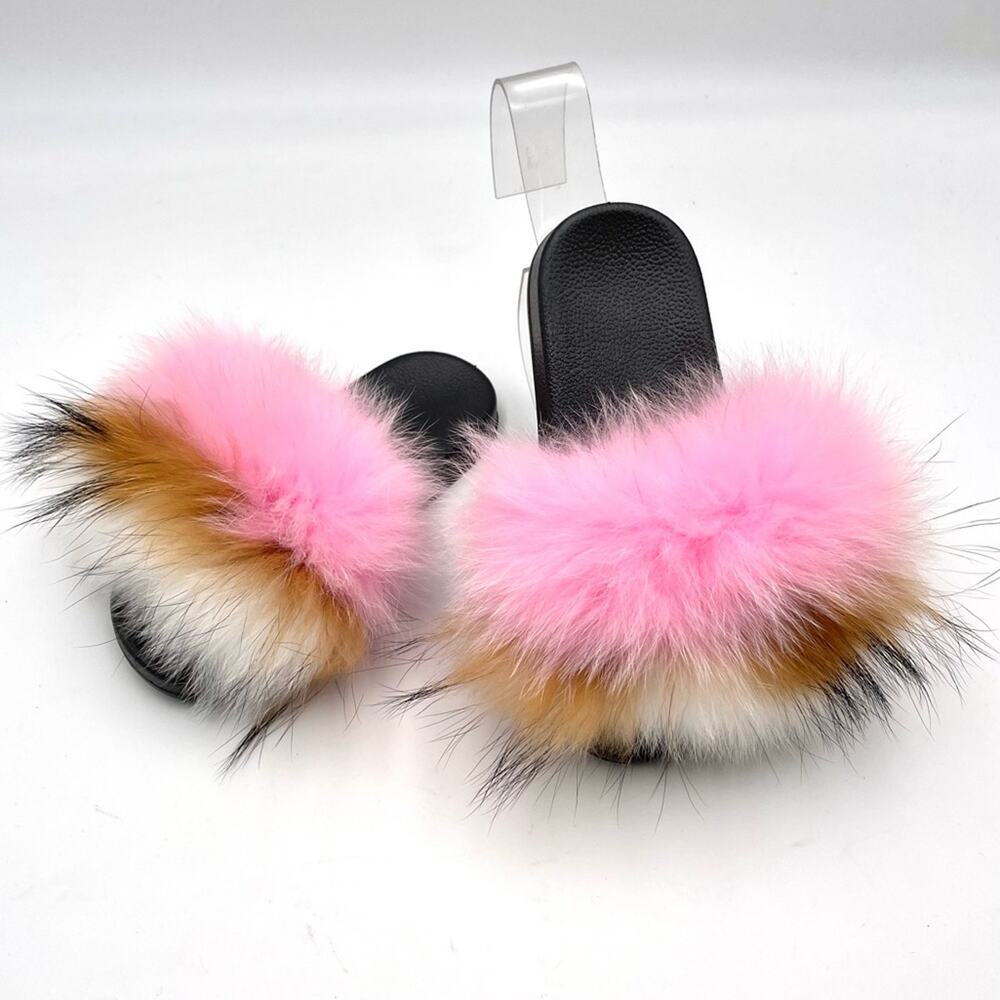 NEW - Fox Fur Slides for Women - Girls Comfort Open Toe Fur Slippers Outdoor